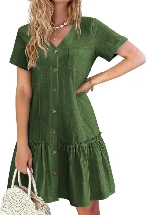 HOTOUCH Women Button Down Dress Loose Summer Cotton Linen Dress Ruffle Hem Casual Dress Short Sleeve Tunic Dress