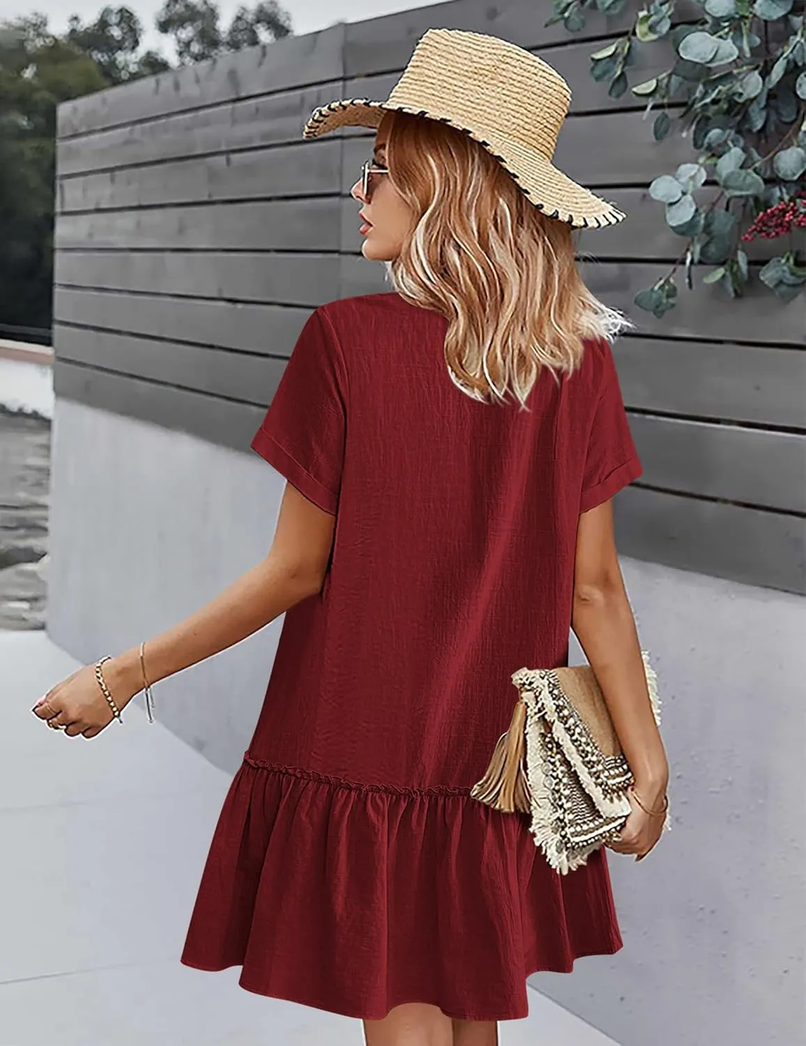 HOTOUCH Women Button Down Dress Loose Summer Cotton Linen Dress Ruffle Hem Casual Dress Short Sleeve Tunic Dress