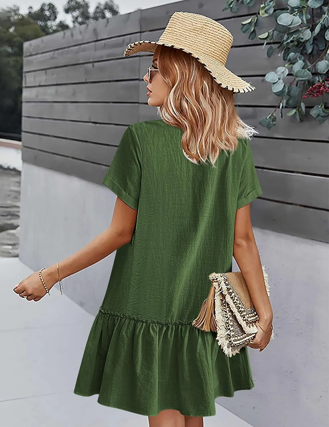 HOTOUCH Women Button Down Dress Loose Summer Cotton Linen Dress Ruffle Hem Casual Dress Short Sleeve Tunic Dress