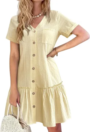 HOTOUCH Women Button Down Dress Loose Summer Cotton Linen Dress Ruffle Hem Casual Dress Short Sleeve Tunic Dress