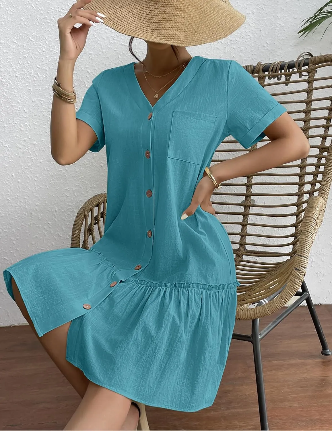 HOTOUCH Women Button Down Dress Loose Summer Cotton Linen Dress Ruffle Hem Casual Dress Short Sleeve Tunic Dress