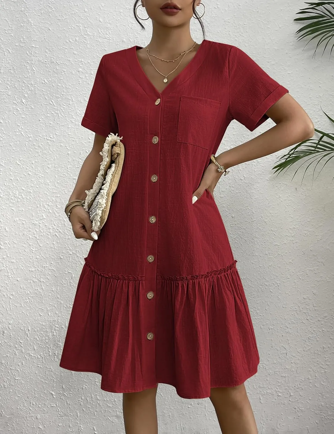 HOTOUCH Women Button Down Dress Loose Summer Cotton Linen Dress Ruffle Hem Casual Dress Short Sleeve Tunic Dress