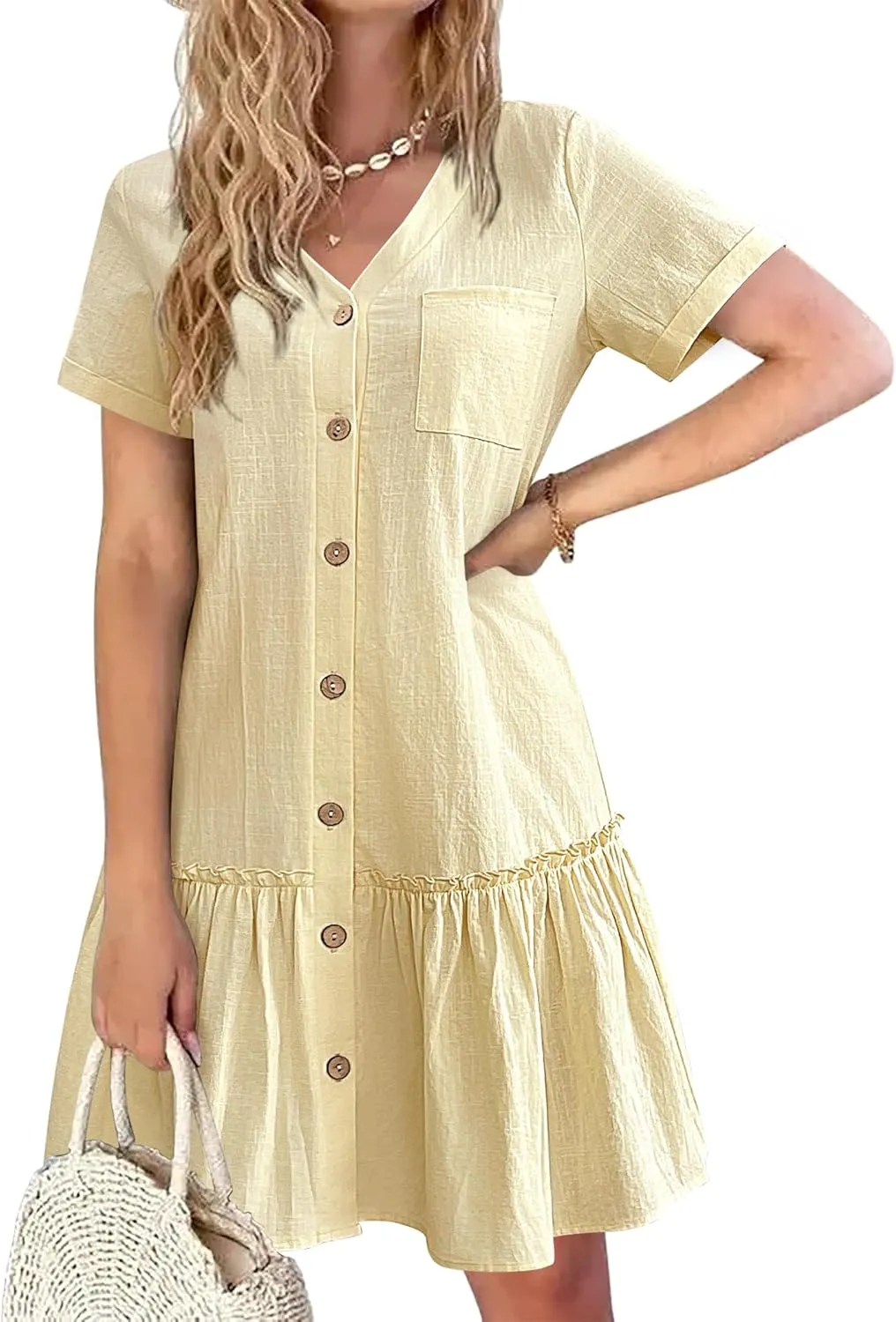 HOTOUCH Women Button Down Dress Loose Summer Cotton Linen Dress Ruffle Hem Casual Dress Short Sleeve Tunic Dress