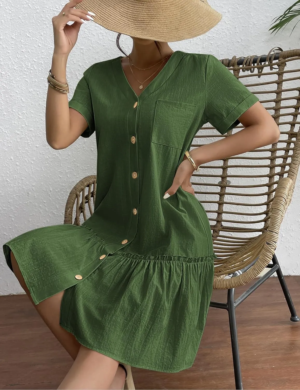 HOTOUCH Women Button Down Dress Loose Summer Cotton Linen Dress Ruffle Hem Casual Dress Short Sleeve Tunic Dress