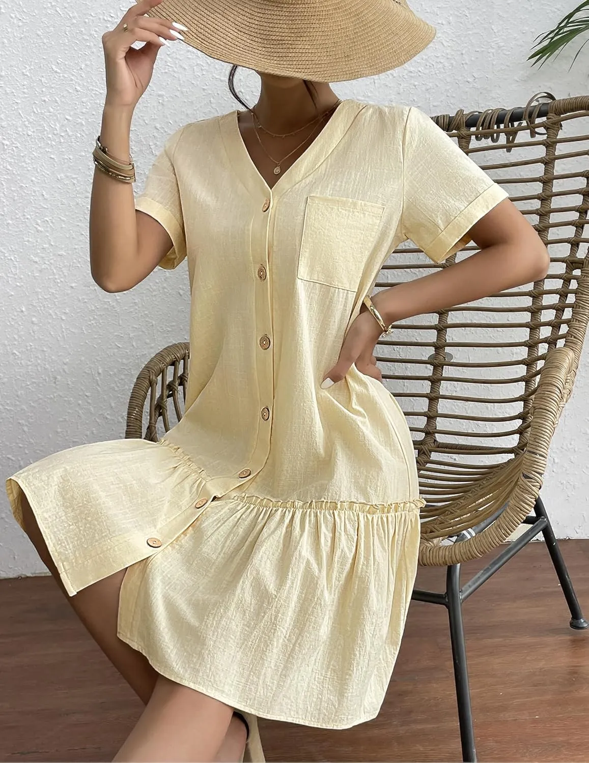 HOTOUCH Women Button Down Dress Loose Summer Cotton Linen Dress Ruffle Hem Casual Dress Short Sleeve Tunic Dress