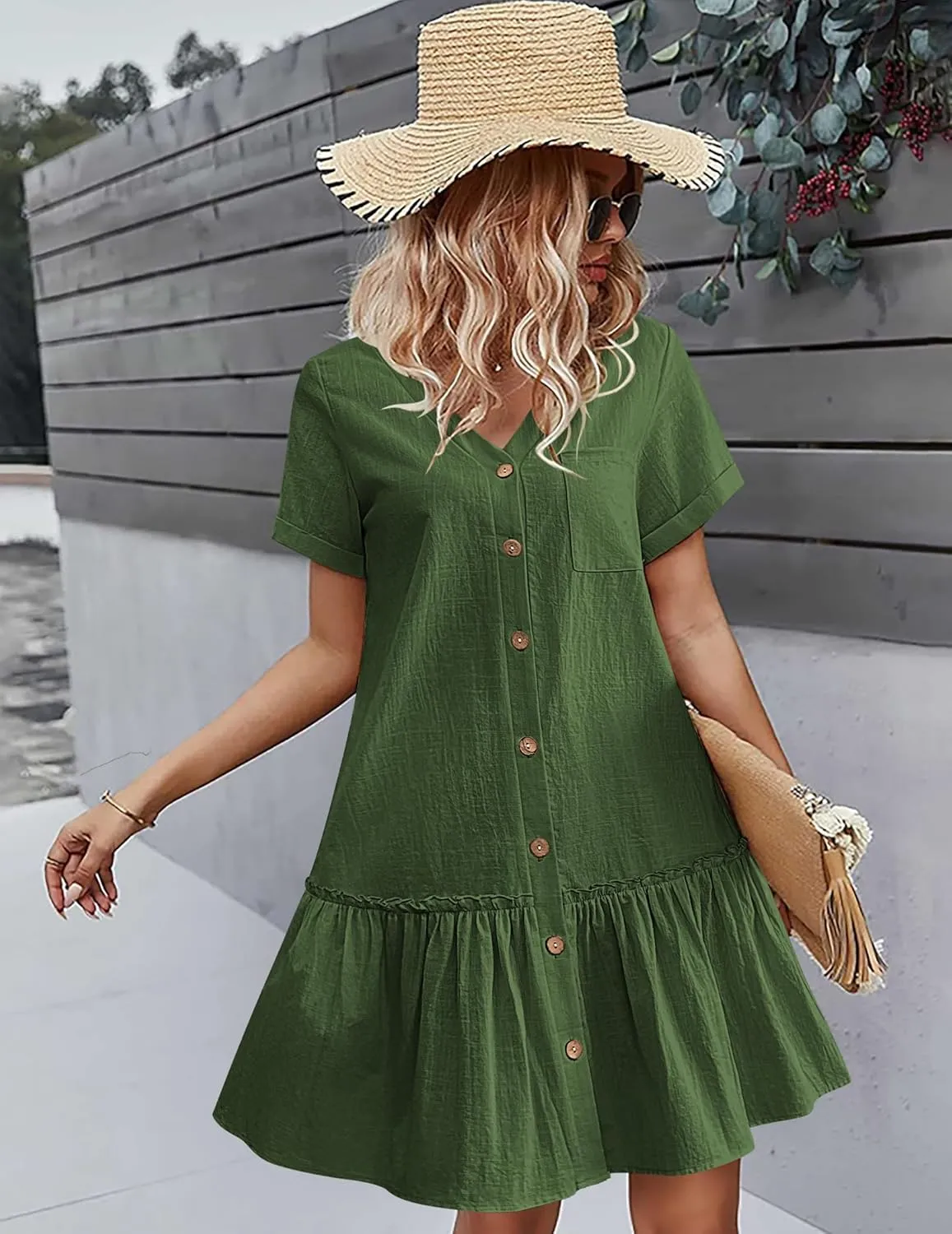 HOTOUCH Women Button Down Dress Loose Summer Cotton Linen Dress Ruffle Hem Casual Dress Short Sleeve Tunic Dress