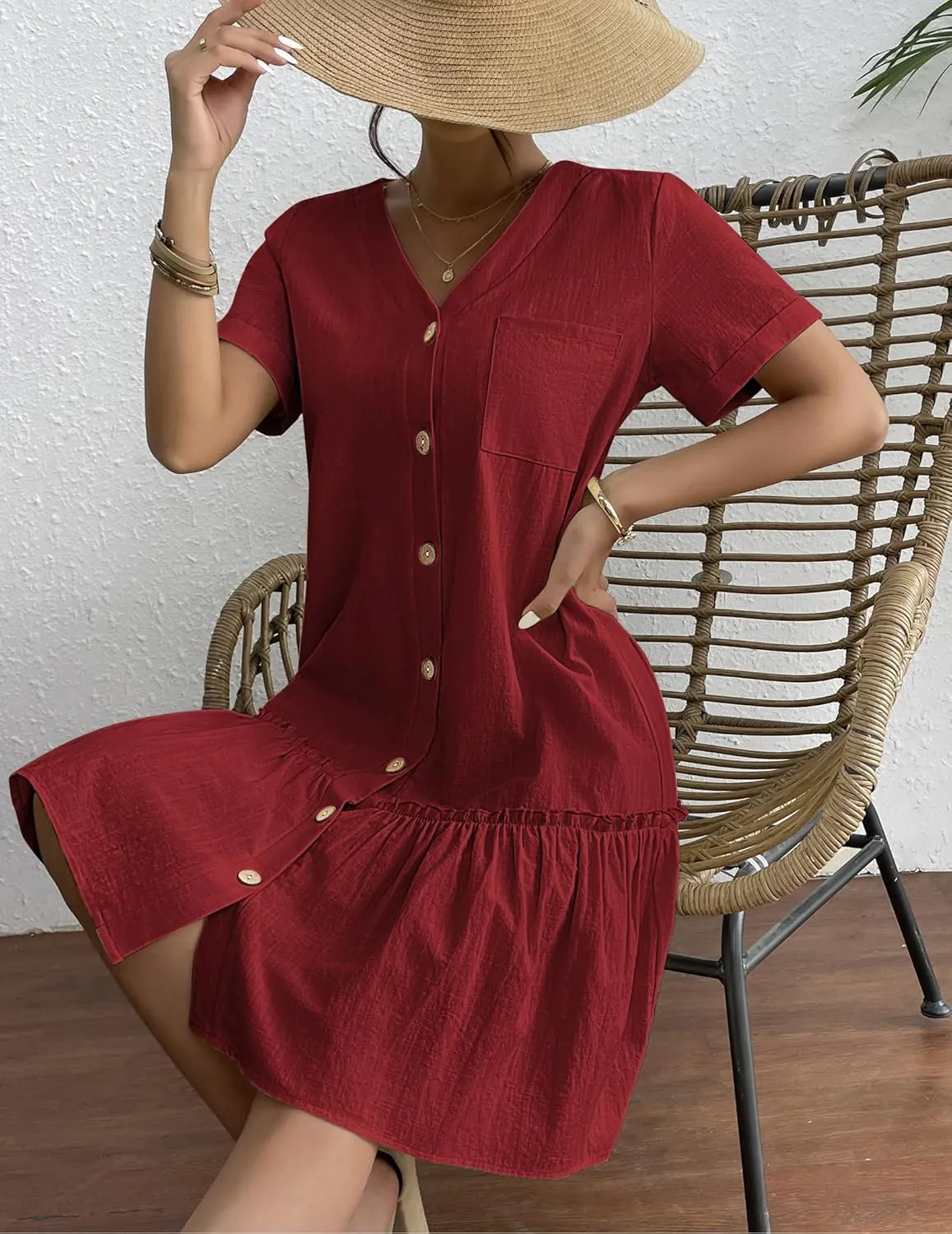 HOTOUCH Women Button Down Dress Loose Summer Cotton Linen Dress Ruffle Hem Casual Dress Short Sleeve Tunic Dress