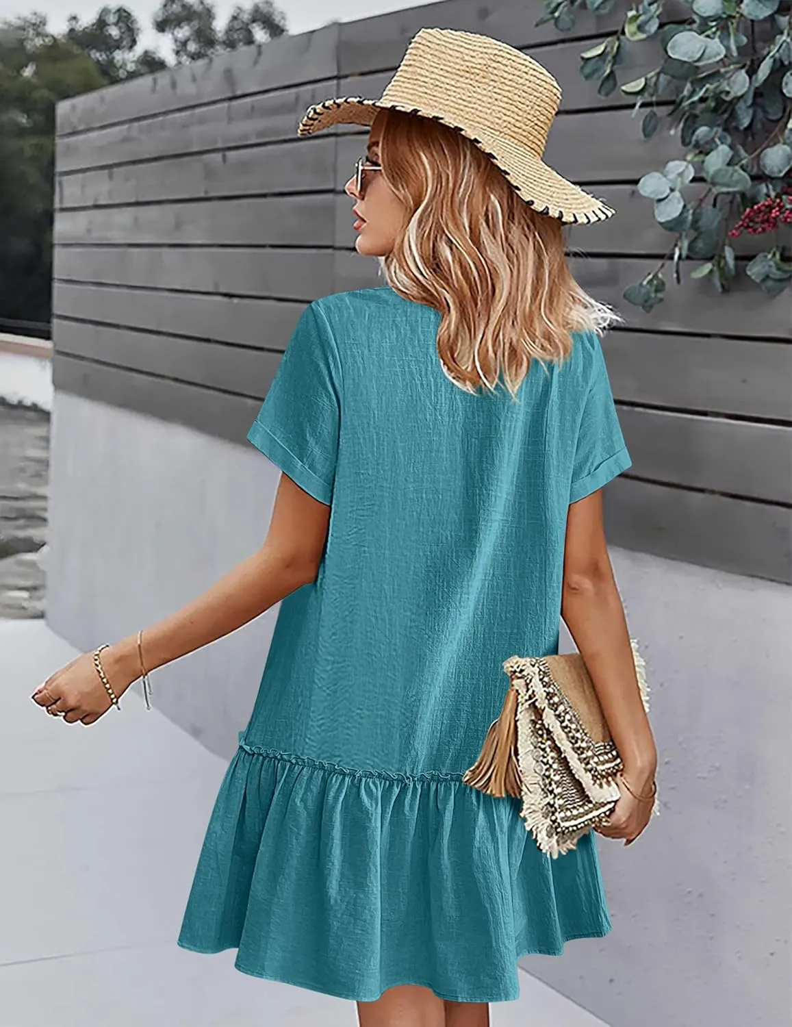 HOTOUCH Women Button Down Dress Loose Summer Cotton Linen Dress Ruffle Hem Casual Dress Short Sleeve Tunic Dress