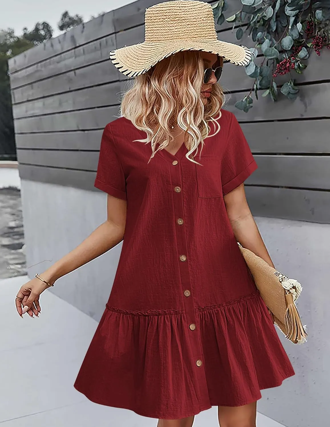 HOTOUCH Women Button Down Dress Loose Summer Cotton Linen Dress Ruffle Hem Casual Dress Short Sleeve Tunic Dress
