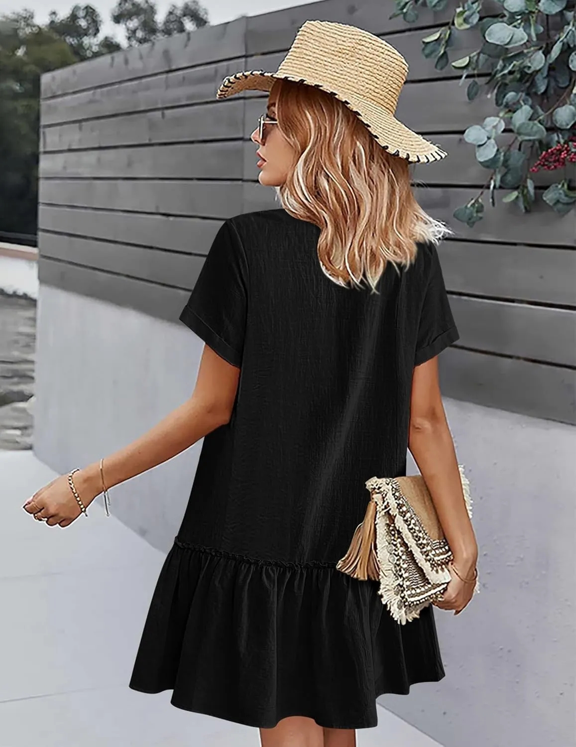HOTOUCH Women Button Down Dress Loose Summer Cotton Linen Dress Ruffle Hem Casual Dress Short Sleeve Tunic Dress