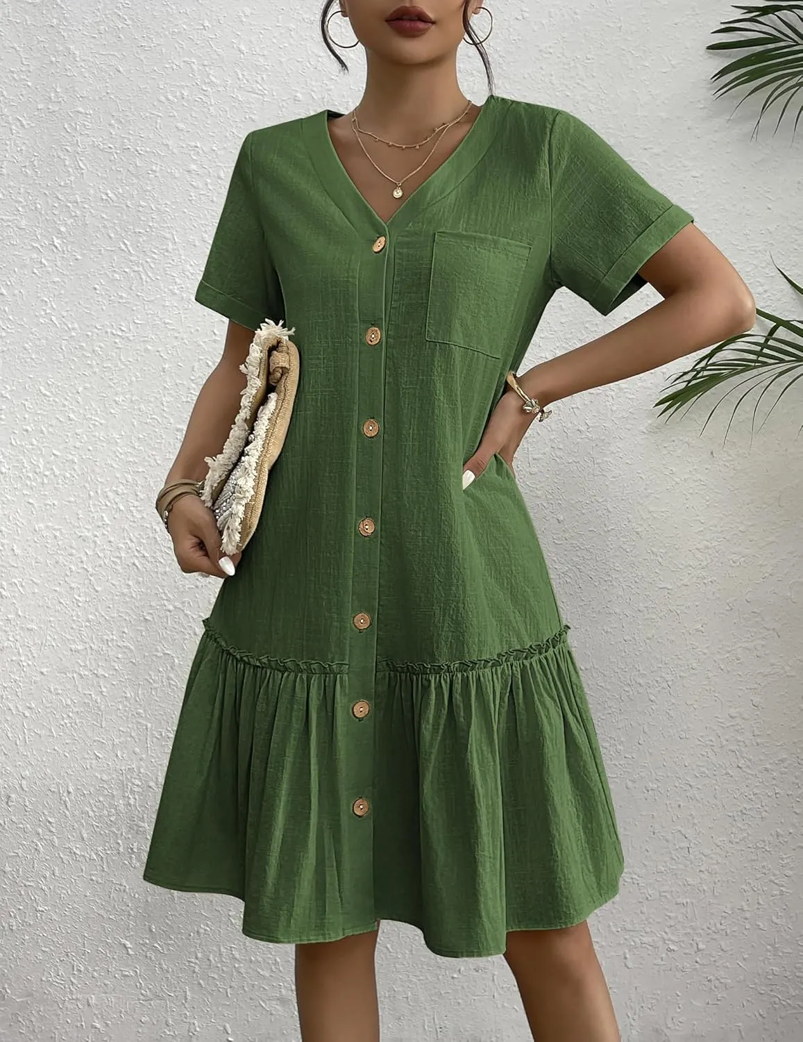 HOTOUCH Women Button Down Dress Loose Summer Cotton Linen Dress Ruffle Hem Casual Dress Short Sleeve Tunic Dress