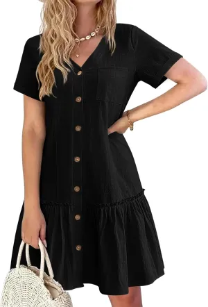 HOTOUCH Women Button Down Dress Loose Summer Cotton Linen Dress Ruffle Hem Casual Dress Short Sleeve Tunic Dress