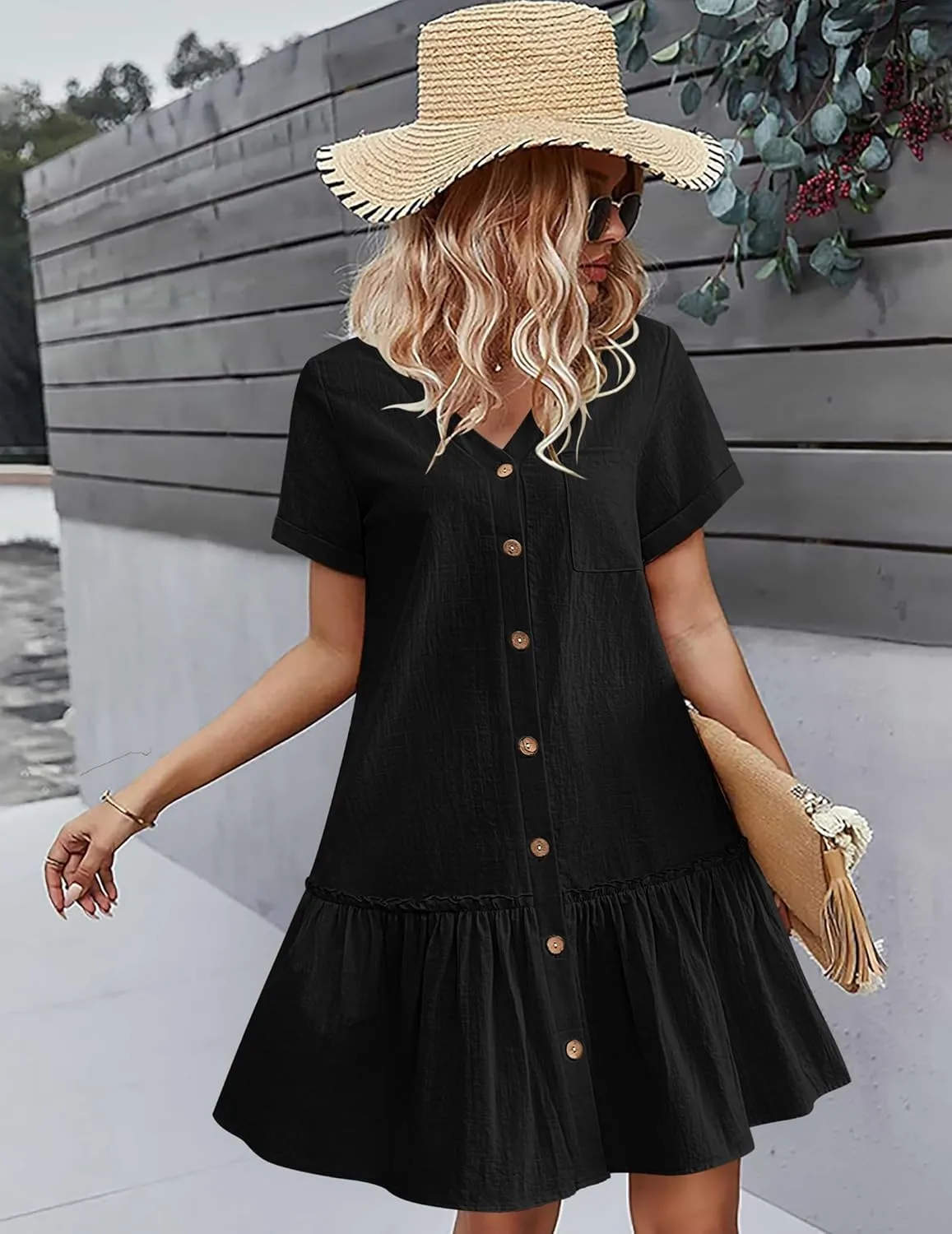 HOTOUCH Women Button Down Dress Loose Summer Cotton Linen Dress Ruffle Hem Casual Dress Short Sleeve Tunic Dress