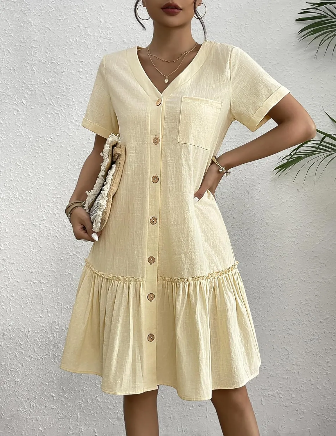 HOTOUCH Women Button Down Dress Loose Summer Cotton Linen Dress Ruffle Hem Casual Dress Short Sleeve Tunic Dress