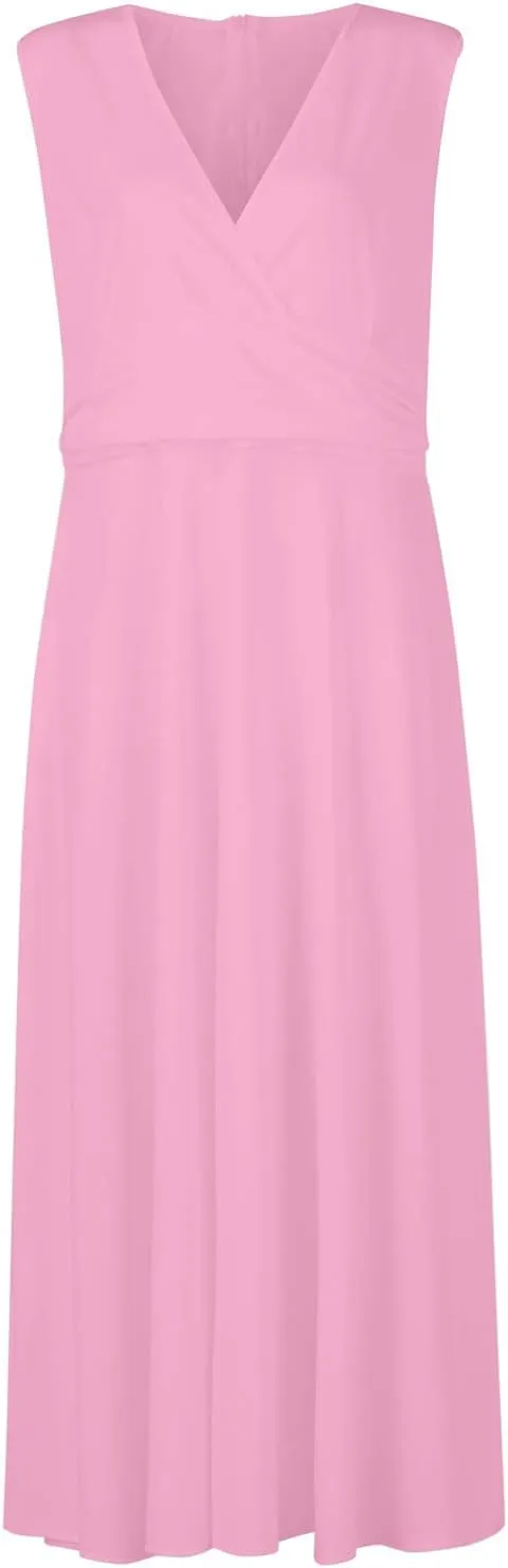 HXHYQKP Dresses for Women 2025 A Line Swing Dress Wrap V Neck Sleeveless Maxi Dress Trendy Floral Print Flowy Beach Dress