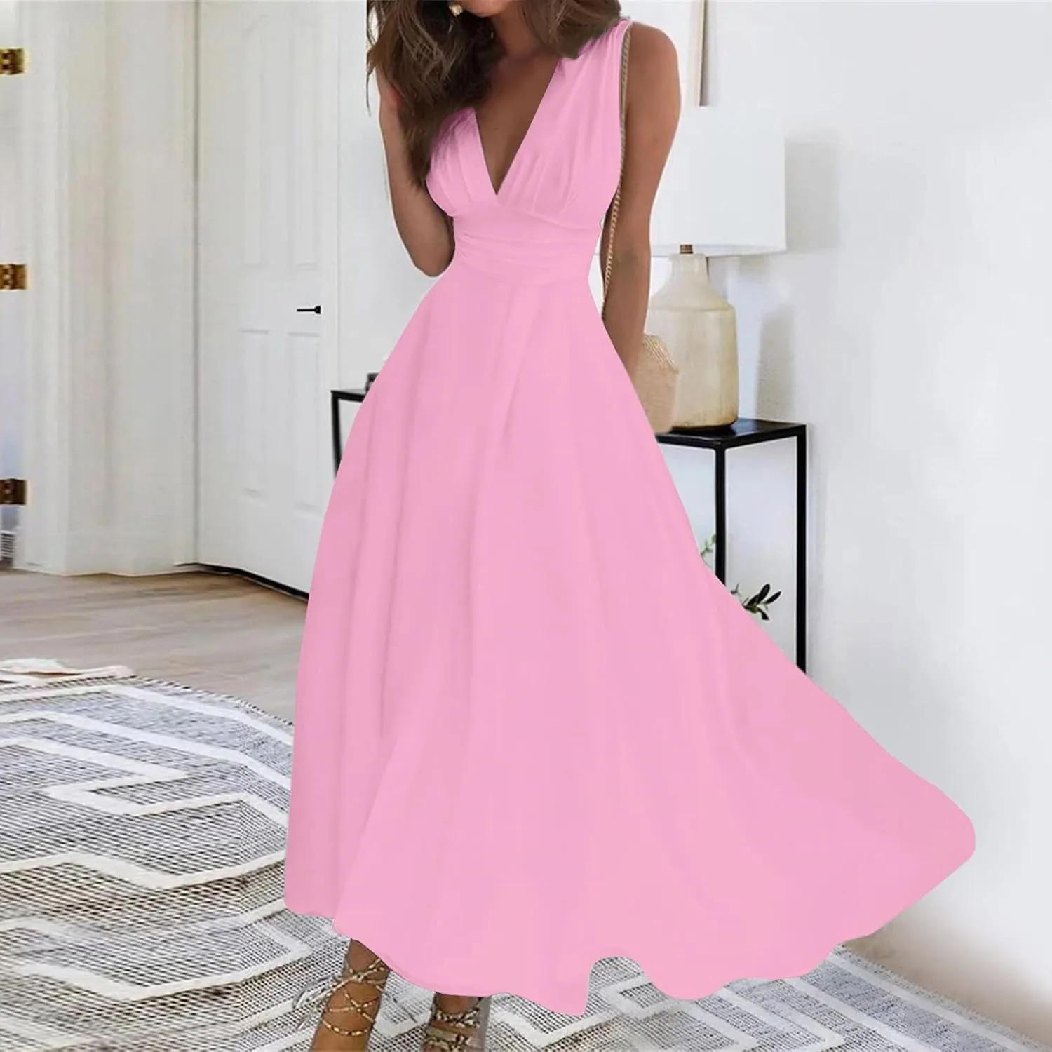 HXHYQKP Dresses for Women 2025 A Line Swing Dress Wrap V Neck Sleeveless Maxi Dress Trendy Floral Print Flowy Beach Dress