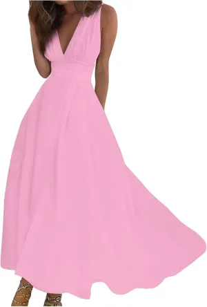 HXHYQKP Dresses for Women 2025 A Line Swing Dress Wrap V Neck Sleeveless Maxi Dress Trendy Floral Print Flowy Beach Dress