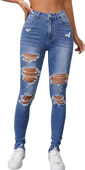 HXHYQKP Women's Bell Bottom Jeans Elastic Flared Jeans/Skinny Ripped Jeans Stretch Distressed Destroyed Denim Pants