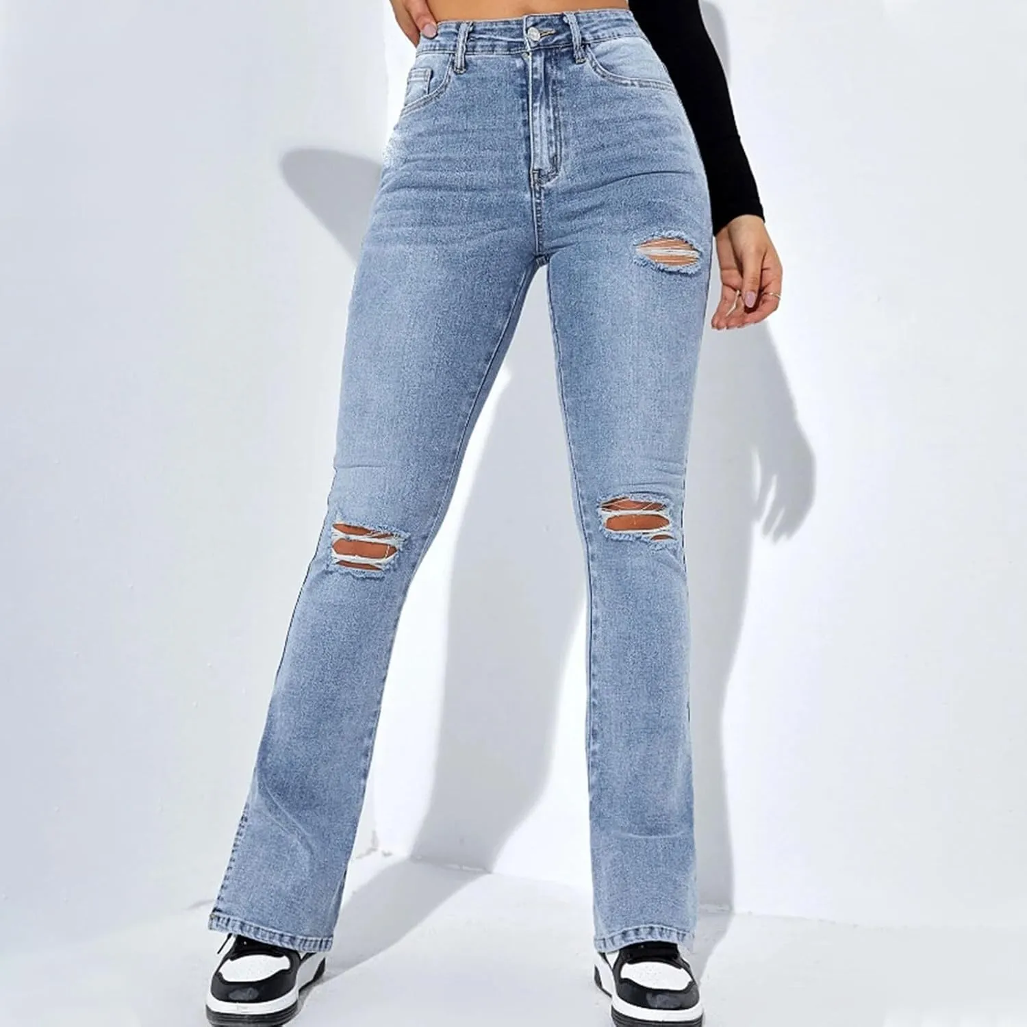 HXHYQKP Women's Bell Bottom Jeans Elastic Flared Jeans/Skinny Ripped Jeans Stretch Distressed Destroyed Denim Pants