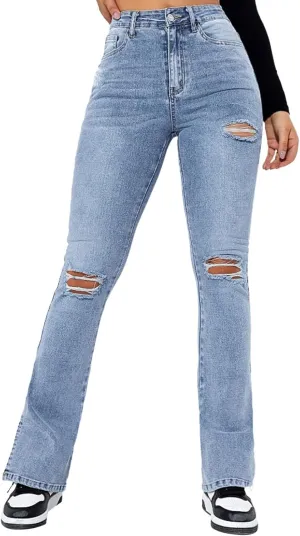 HXHYQKP Women's Bell Bottom Jeans Elastic Flared Jeans/Skinny Ripped Jeans Stretch Distressed Destroyed Denim Pants