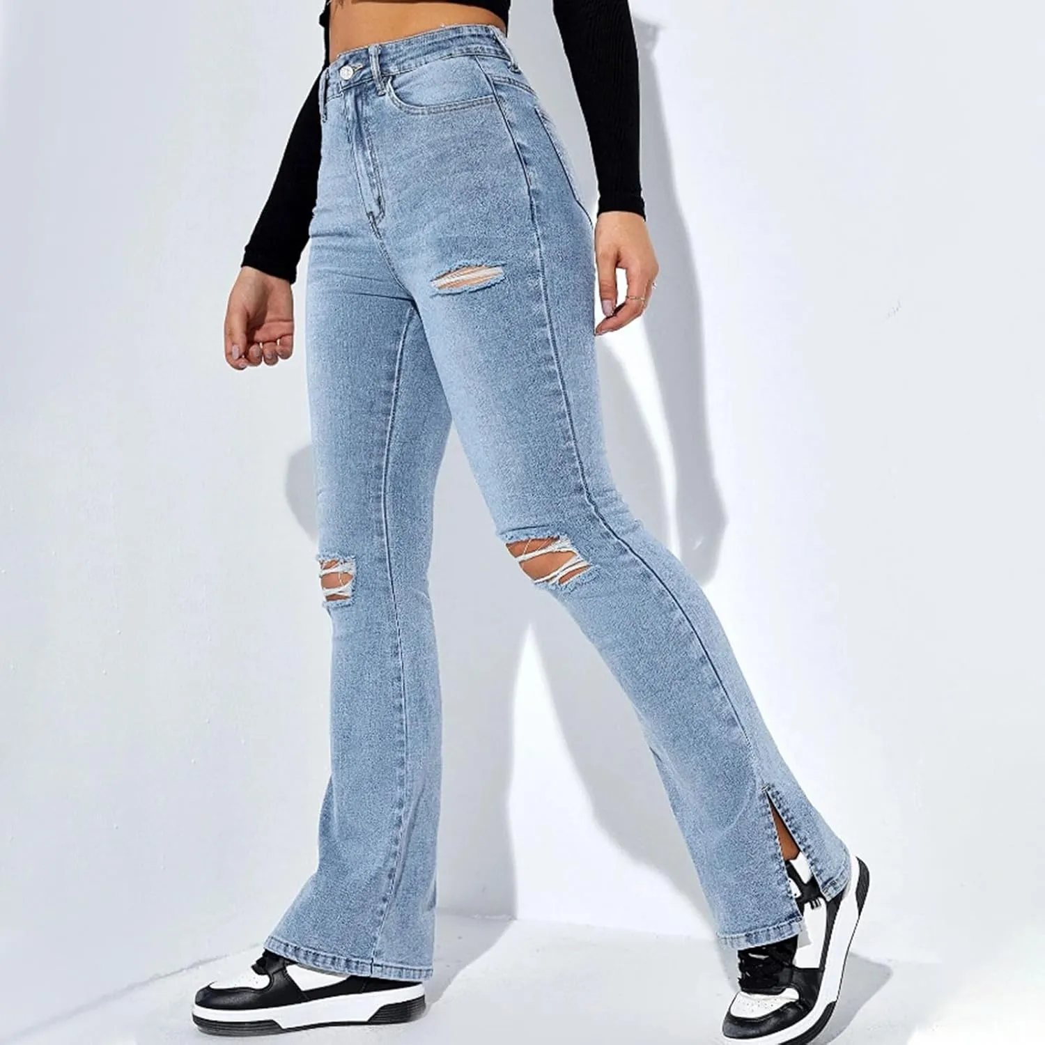 HXHYQKP Women's Bell Bottom Jeans Elastic Flared Jeans/Skinny Ripped Jeans Stretch Distressed Destroyed Denim Pants