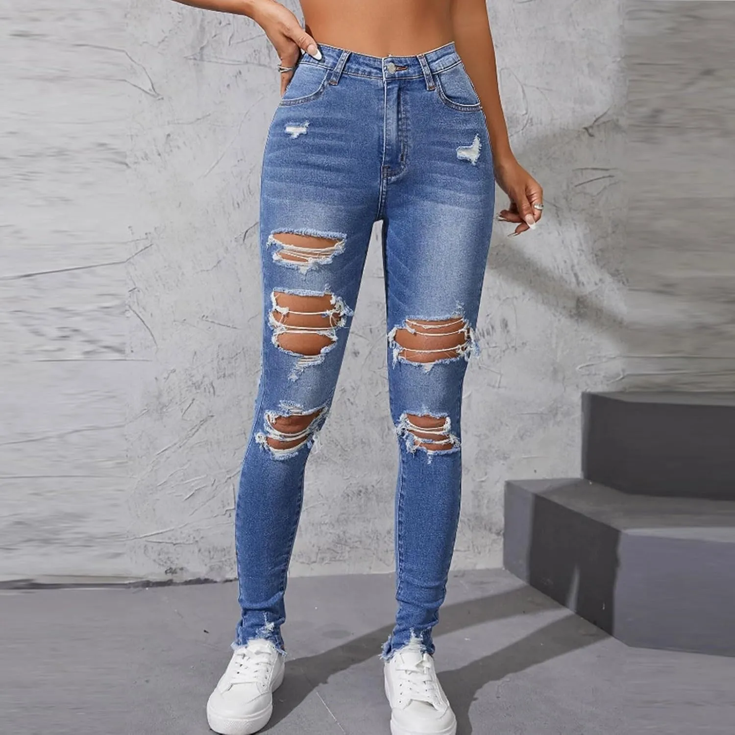 HXHYQKP Women's Bell Bottom Jeans Elastic Flared Jeans/Skinny Ripped Jeans Stretch Distressed Destroyed Denim Pants