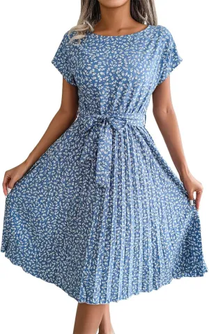 IDOPIP Women Floral Pleated Dress Summer Casual A-Line Flowy Midi Dress Formal Wedding Guest Dress 2024 Trendy Swing Dres
