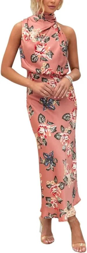 IDOPIP Women Formal Halter Satin Dress Floral Elegant Summer Bridesmaid Midi Dress Evening Party Cocktail Wedding Guest Dress