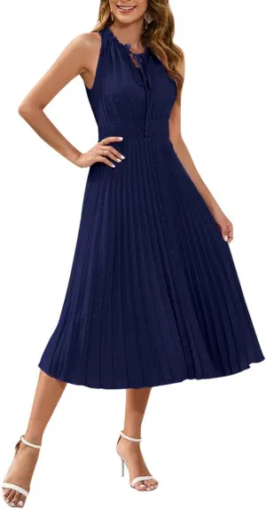 IDOPIP Women Summer Casual Pleated Midi Dress 2024 Tie Neck Swiss Dot Swing Dress Formal Shirred Waist Wedding Guest Dress