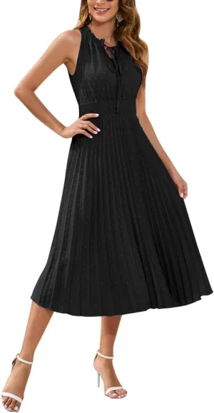 IDOPIP Women Summer Casual Pleated Midi Dress 2024 Tie Neck Swiss Dot Swing Dress Formal Shirred Waist Wedding Guest Dress