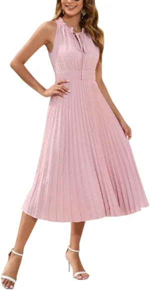 IDOPIP Women Summer Casual Pleated Midi Dress 2024 Tie Neck Swiss Dot Swing Dress Formal Shirred Waist Wedding Guest Dress