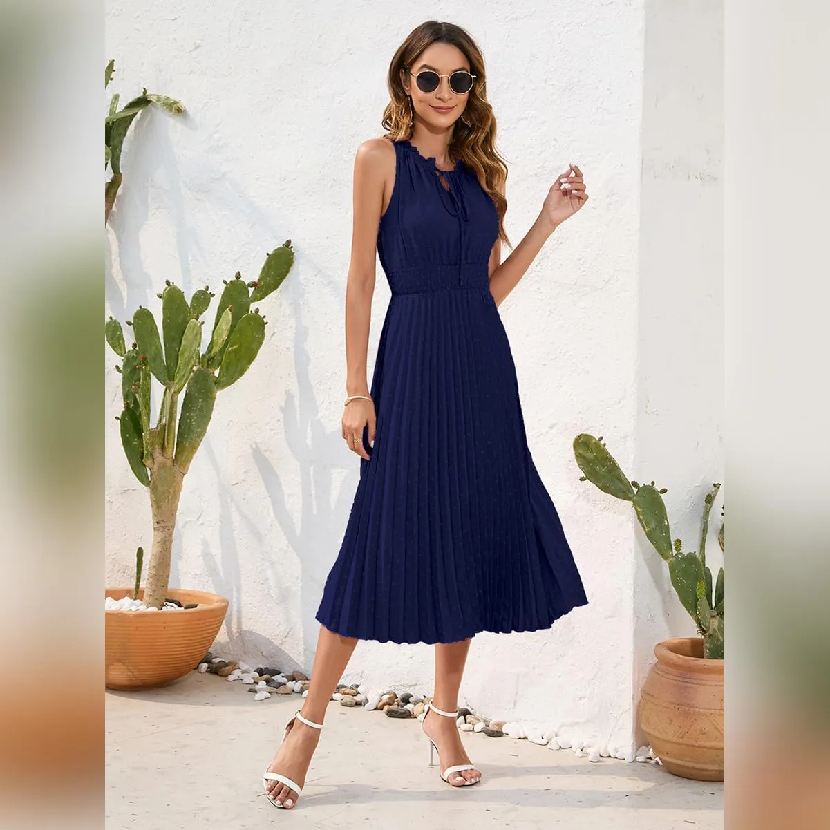IDOPIP Women Summer Casual Pleated Midi Dress 2024 Tie Neck Swiss Dot Swing Dress Formal Shirred Waist Wedding Guest Dress