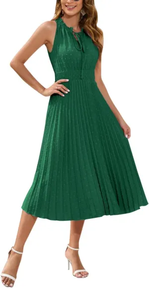 IDOPIP Women Summer Casual Pleated Midi Dress 2024 Tie Neck Swiss Dot Swing Dress Formal Shirred Waist Wedding Guest Dress