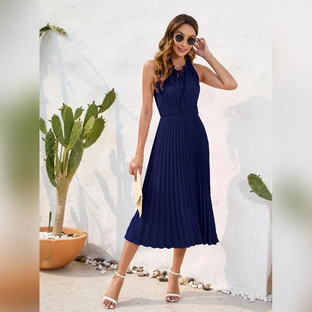 IDOPIP Women Summer Casual Pleated Midi Dress 2024 Tie Neck Swiss Dot Swing Dress Formal Shirred Waist Wedding Guest Dress