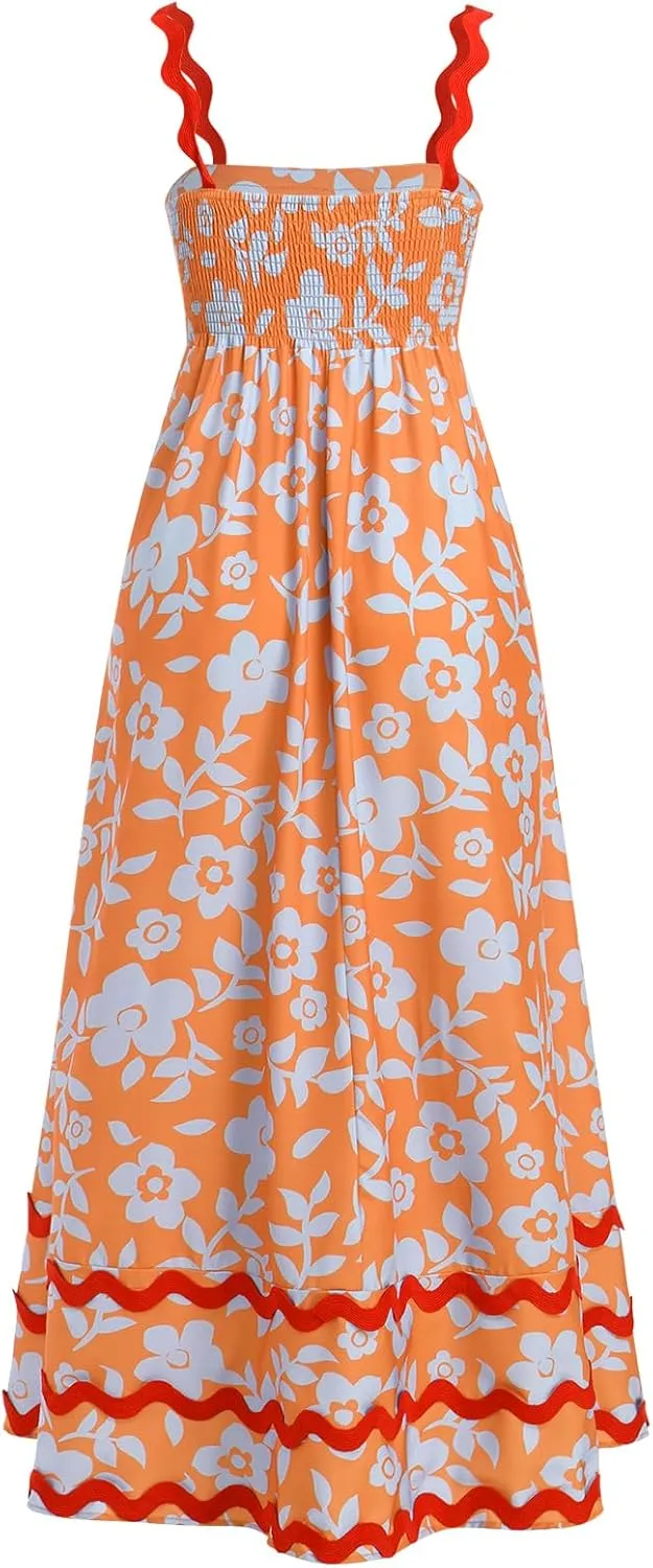 IDOPIP Womens Summer Casual Dress Beach Floral Maxi Dress Elegant Spaghetti Sleeveless Smocked Sundress Weeding Guest Dress