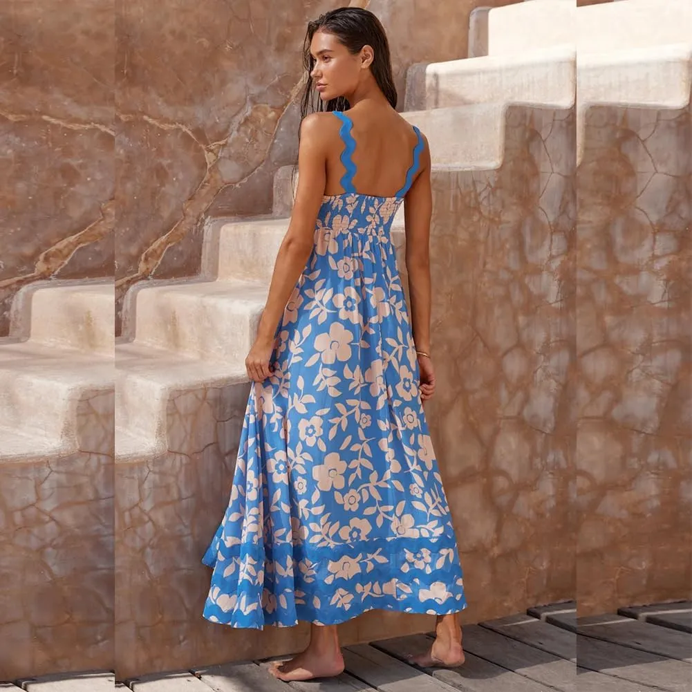 IDOPIP Womens Summer Casual Dress Beach Floral Maxi Dress Elegant Spaghetti Sleeveless Smocked Sundress Weeding Guest Dress