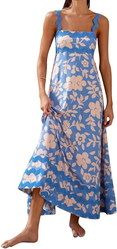 IDOPIP Womens Summer Casual Dress Beach Floral Maxi Dress Elegant Spaghetti Sleeveless Smocked Sundress Weeding Guest Dress