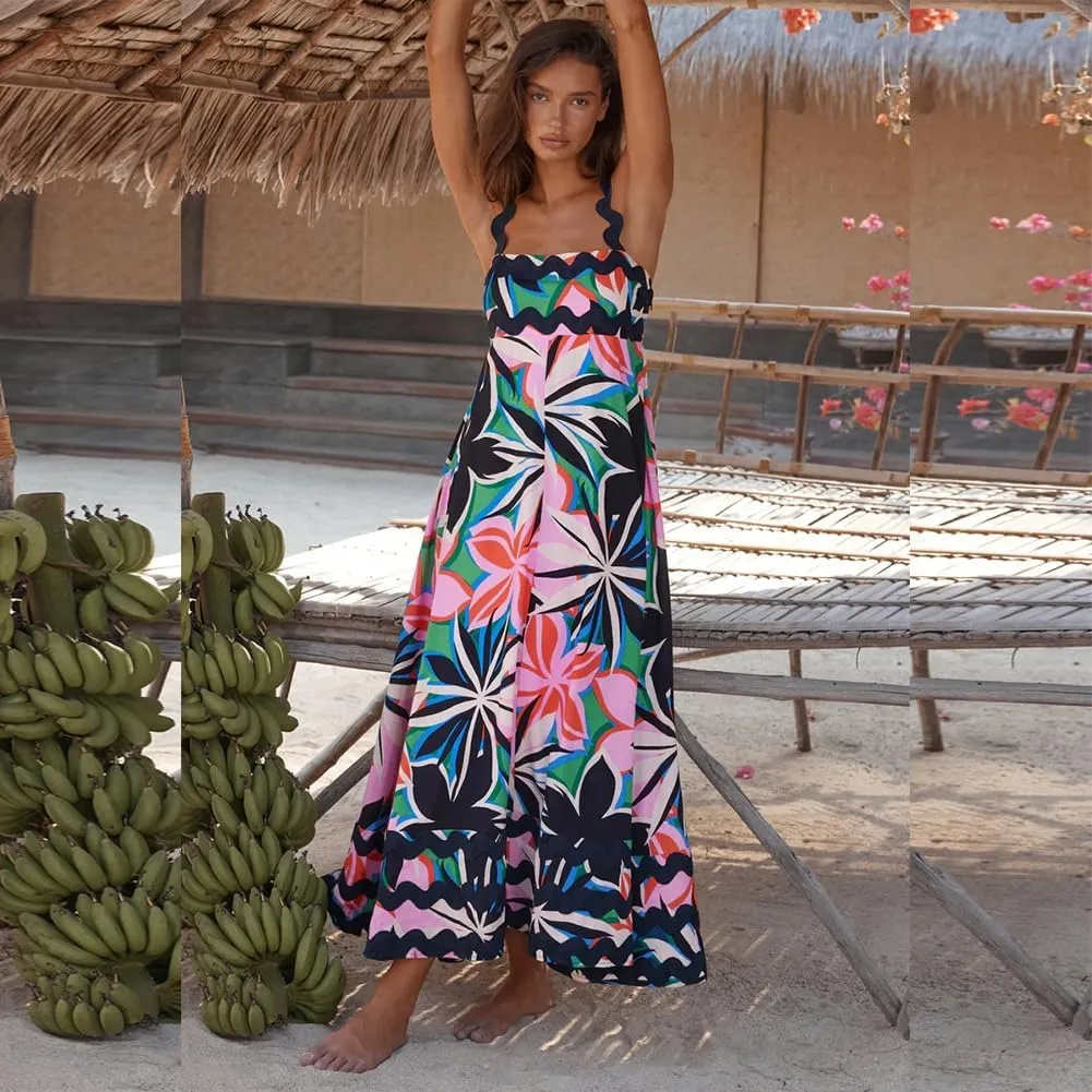 IDOPIP Womens Summer Casual Dress Beach Floral Maxi Dress Elegant Spaghetti Sleeveless Smocked Sundress Weeding Guest Dress