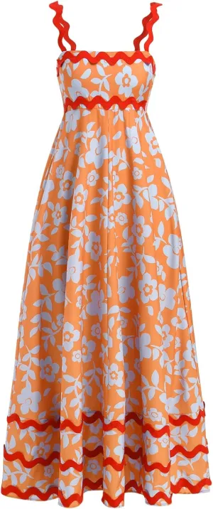 IDOPIP Womens Summer Casual Dress Beach Floral Maxi Dress Elegant Spaghetti Sleeveless Smocked Sundress Weeding Guest Dress