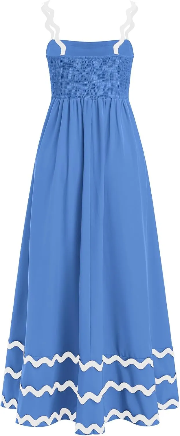 IDOPIP Womens Summer Casual Dress Beach Floral Maxi Dress Elegant Spaghetti Sleeveless Smocked Sundress Weeding Guest Dress