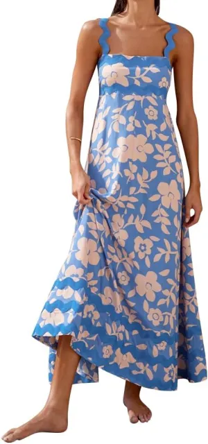IDOPIP Womens Summer Casual Dress Beach Floral Maxi Dress Elegant Spaghetti Sleeveless Smocked Sundress Weeding Guest Dress