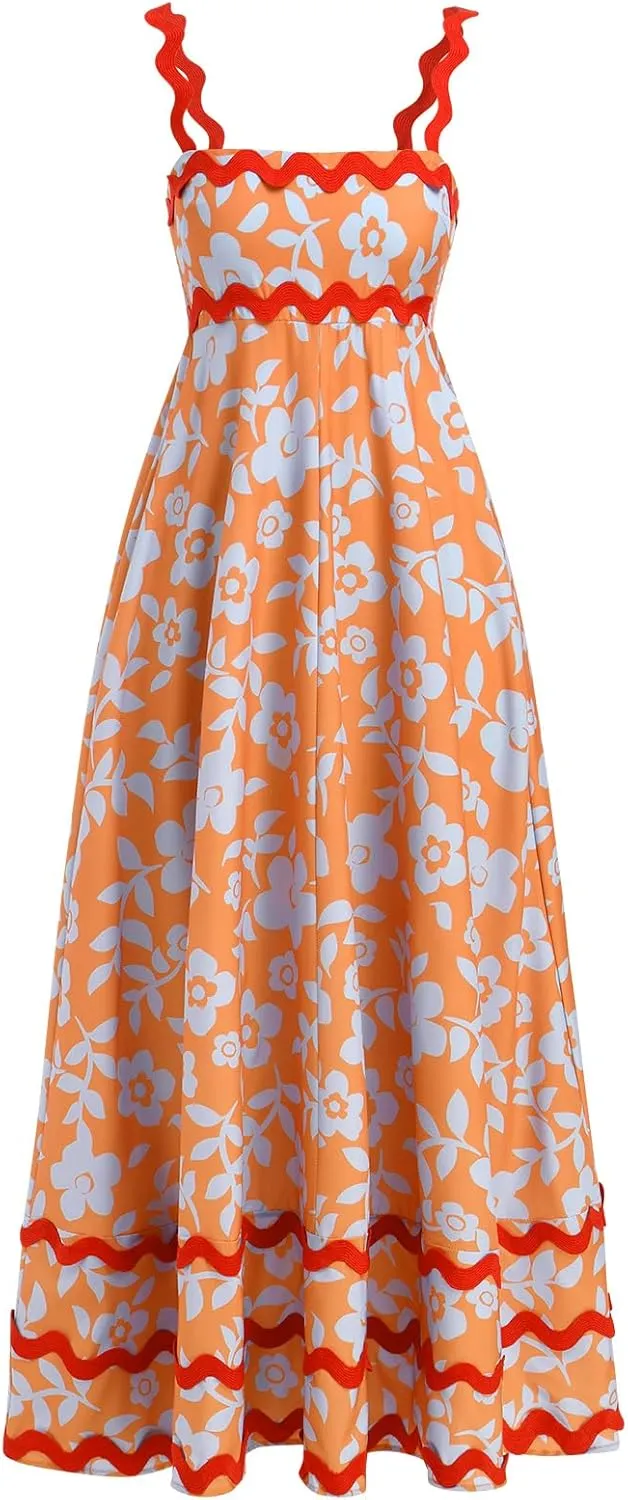 IDOPIP Womens Summer Casual Dress Beach Floral Maxi Dress Elegant Spaghetti Sleeveless Smocked Sundress Weeding Guest Dress