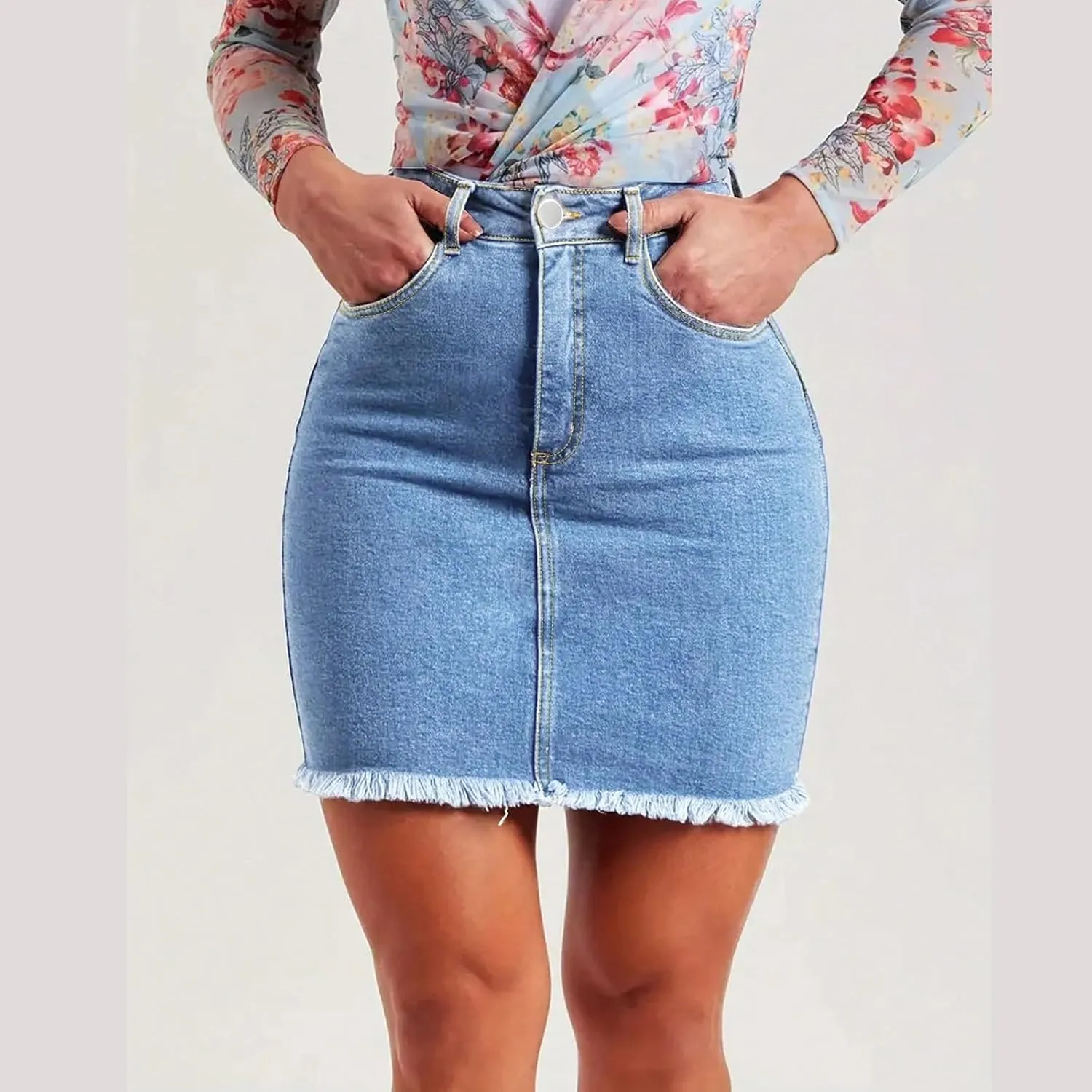 Jean Skirts for Women Denim High Waisted Short Mini Skirt Summer Casual Frayed Hem Cute Skirts with Pockets