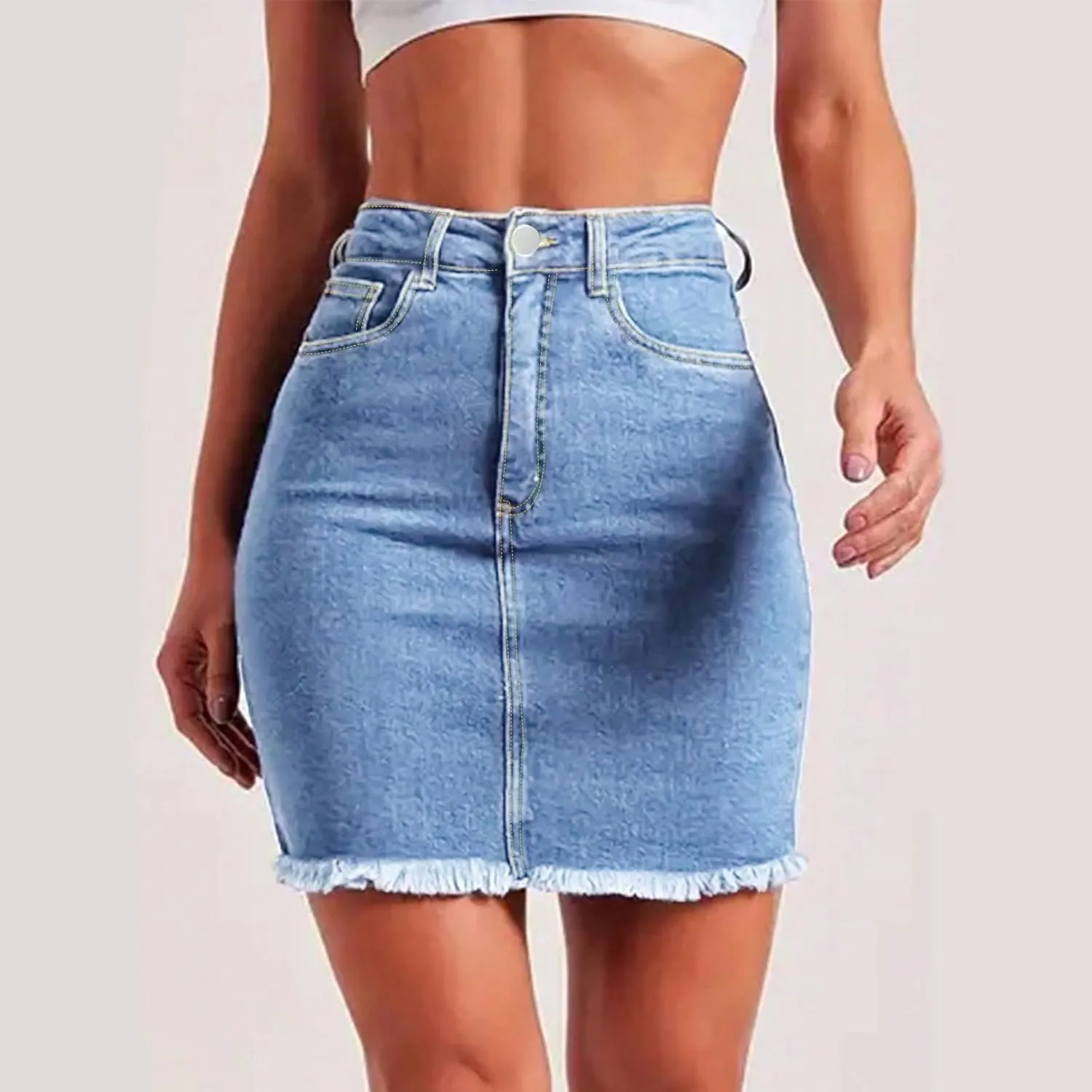 Jean Skirts for Women Denim High Waisted Short Mini Skirt Summer Casual Frayed Hem Cute Skirts with Pockets