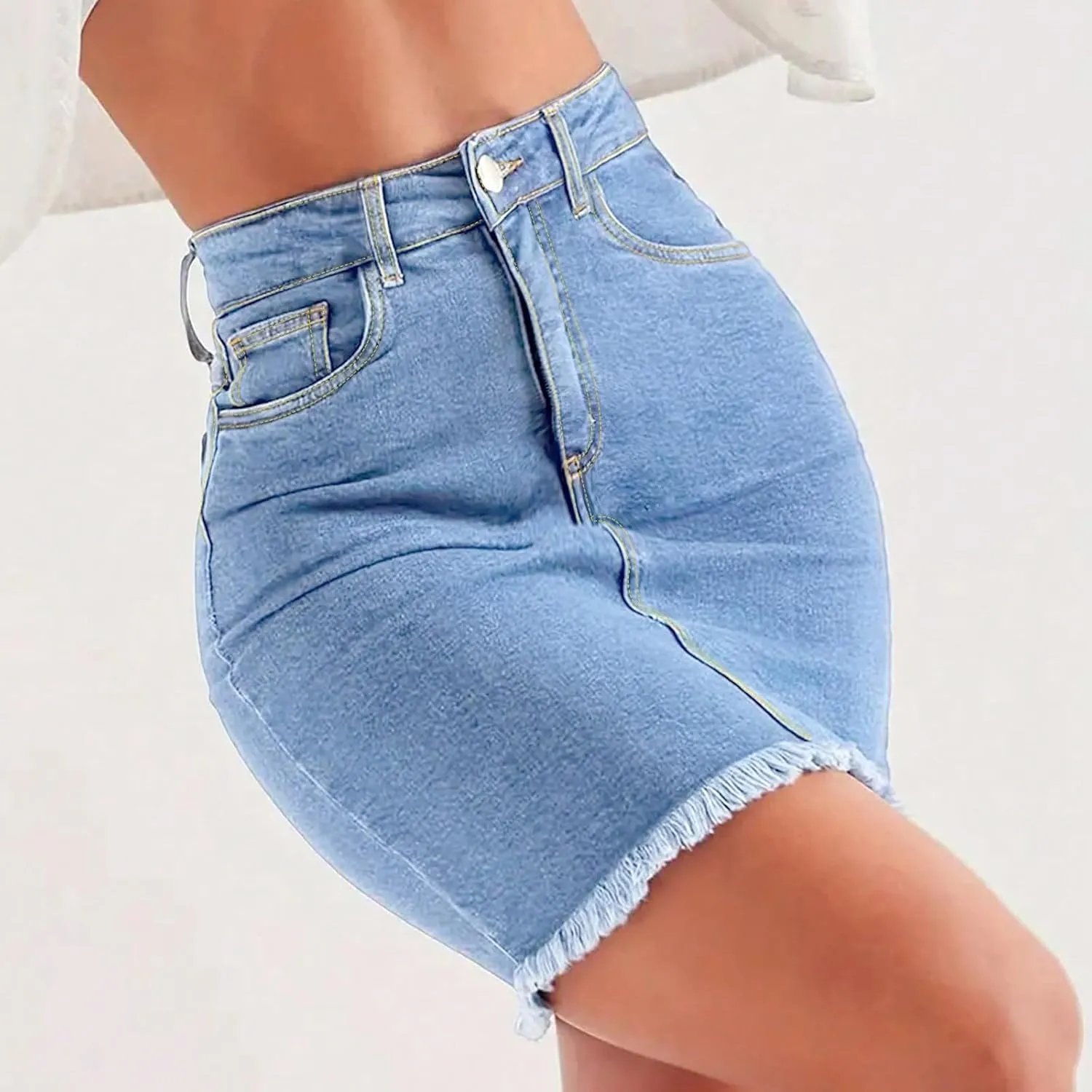 Jean Skirts for Women Denim High Waisted Short Mini Skirt Summer Casual Frayed Hem Cute Skirts with Pockets