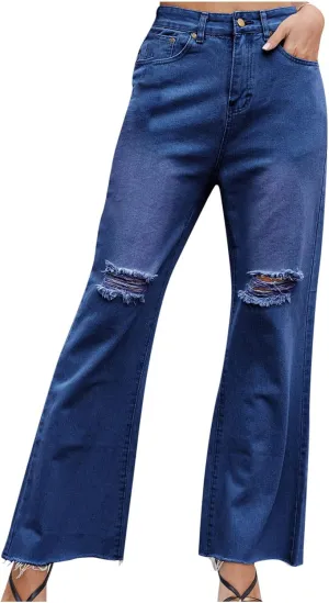 Jeans for Women Distressed Wide Leg Cargo Denim Pants Frayed Raw Hem Baggy Bootcut Jeans Straight Leg Ankle Jeans