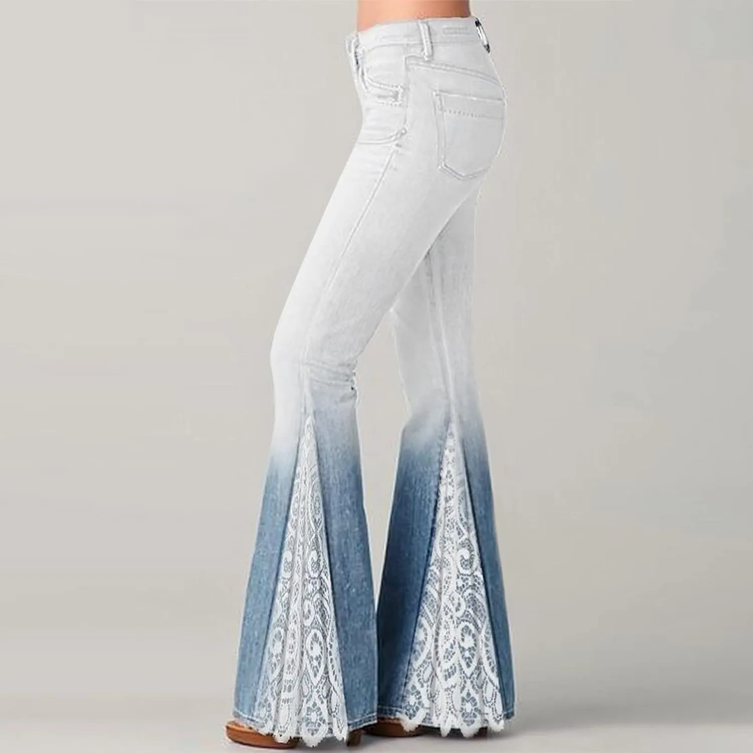 Jeans for Women Trendy Gradient Bell Bottom Jeans Casual High Waisted Lace Flared Jean Skinny Denim Pants