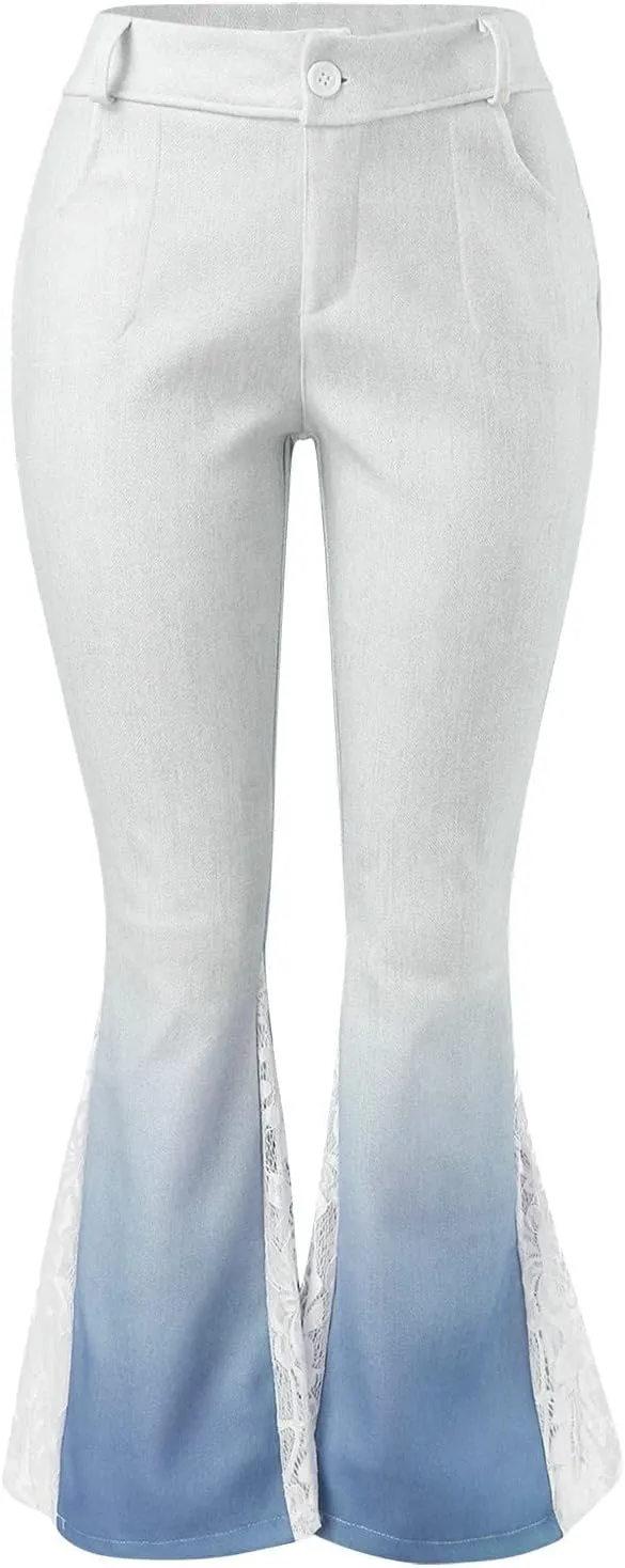 Jeans for Women Trendy Gradient Bell Bottom Jeans Casual High Waisted Lace Flared Jean Skinny Denim Pants