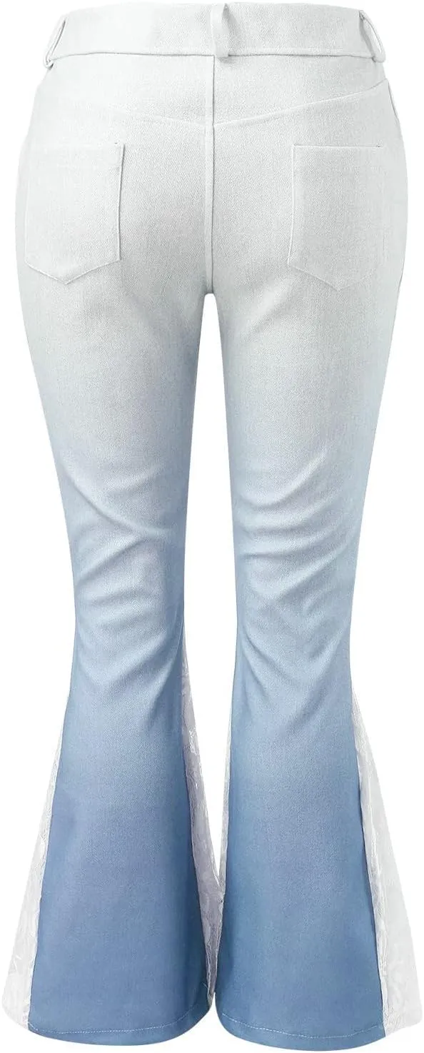 Jeans for Women Trendy Gradient Bell Bottom Jeans Casual High Waisted Lace Flared Jean Skinny Denim Pants