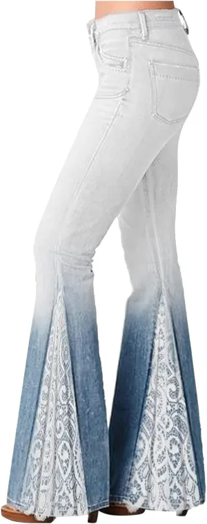 Jeans for Women Trendy Gradient Bell Bottom Jeans Casual High Waisted Lace Flared Jean Skinny Denim Pants